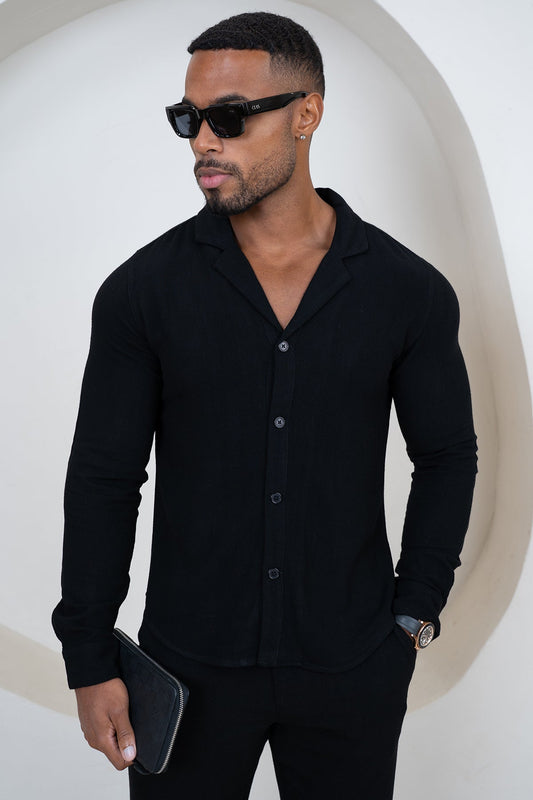 Linen Long Sleeve Resort Shirt - Black