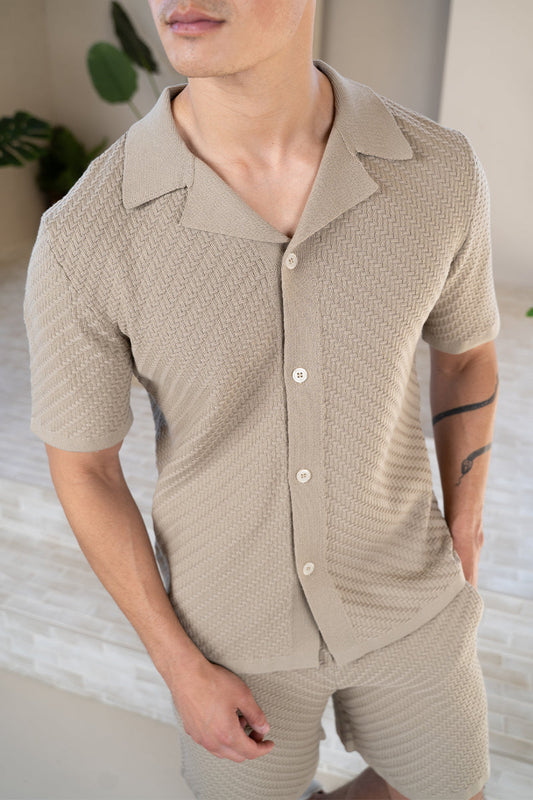 Herringbone Revere Collar Shirt - Taupe