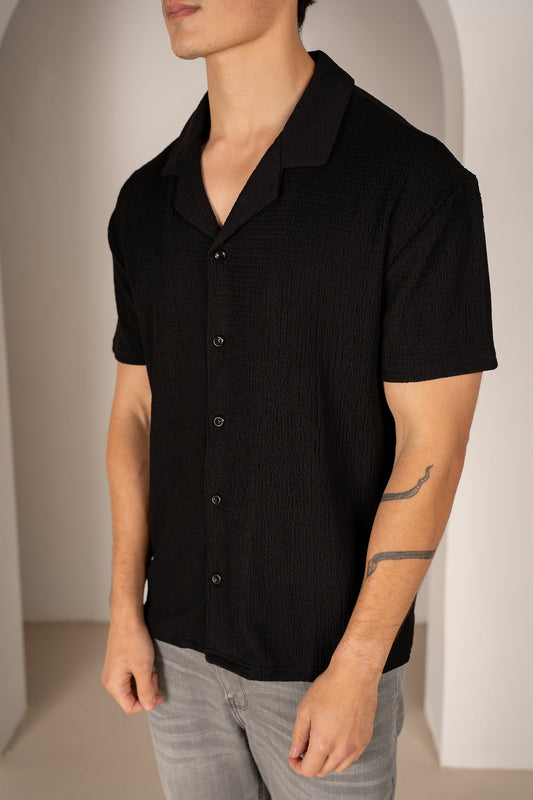 Seersucker Revere Collar Shirt - Black