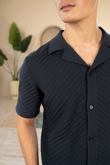 Herringbone Revere Collar Shirt - Charcoal