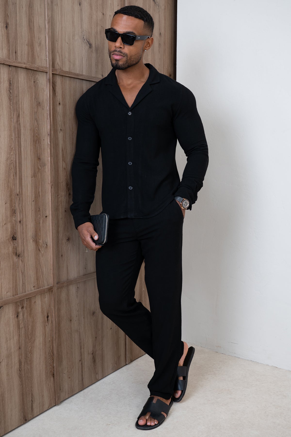 Linen Long Sleeve Resort Shirt - Black