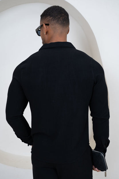 Linen Long Sleeve Resort Shirt - Black