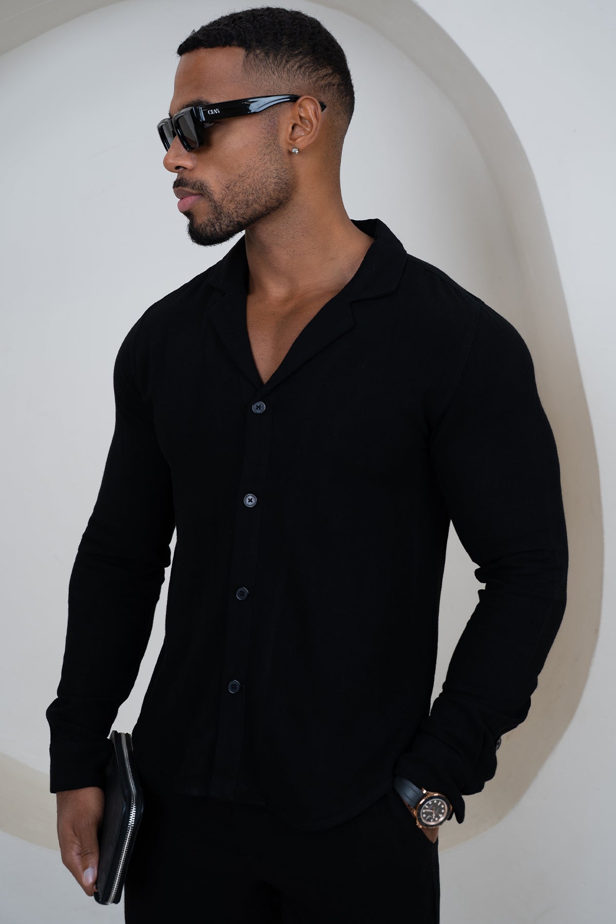 Linen Long Sleeve Resort Shirt - Black