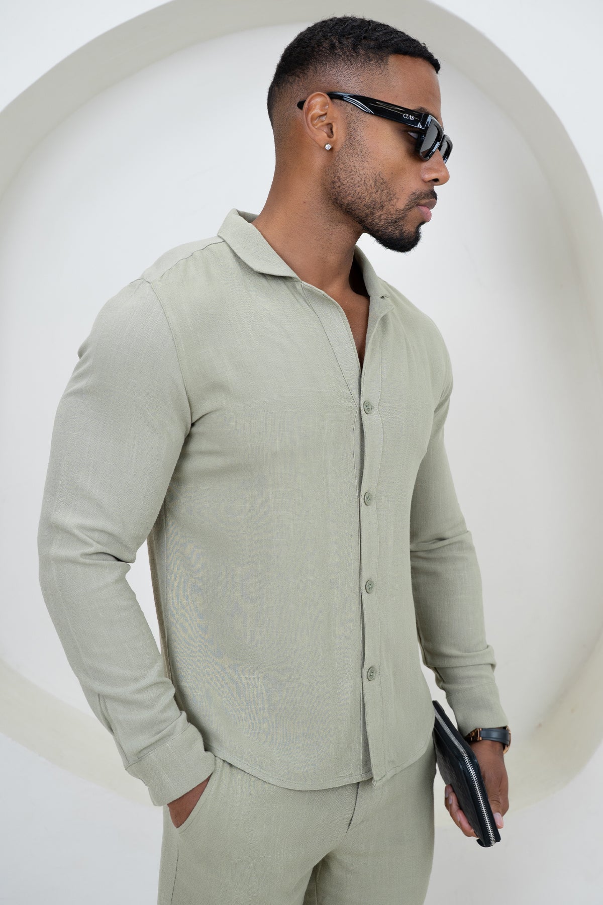 Linen Long Sleeve Resort Shirt - Olive