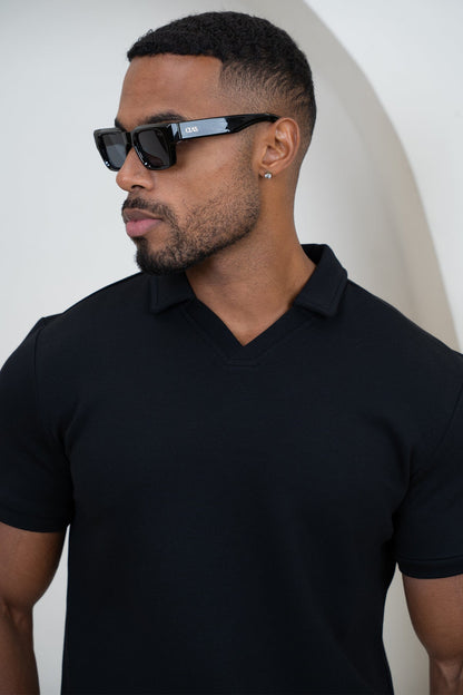 Brushed Scuba Open Neck Polo - Black