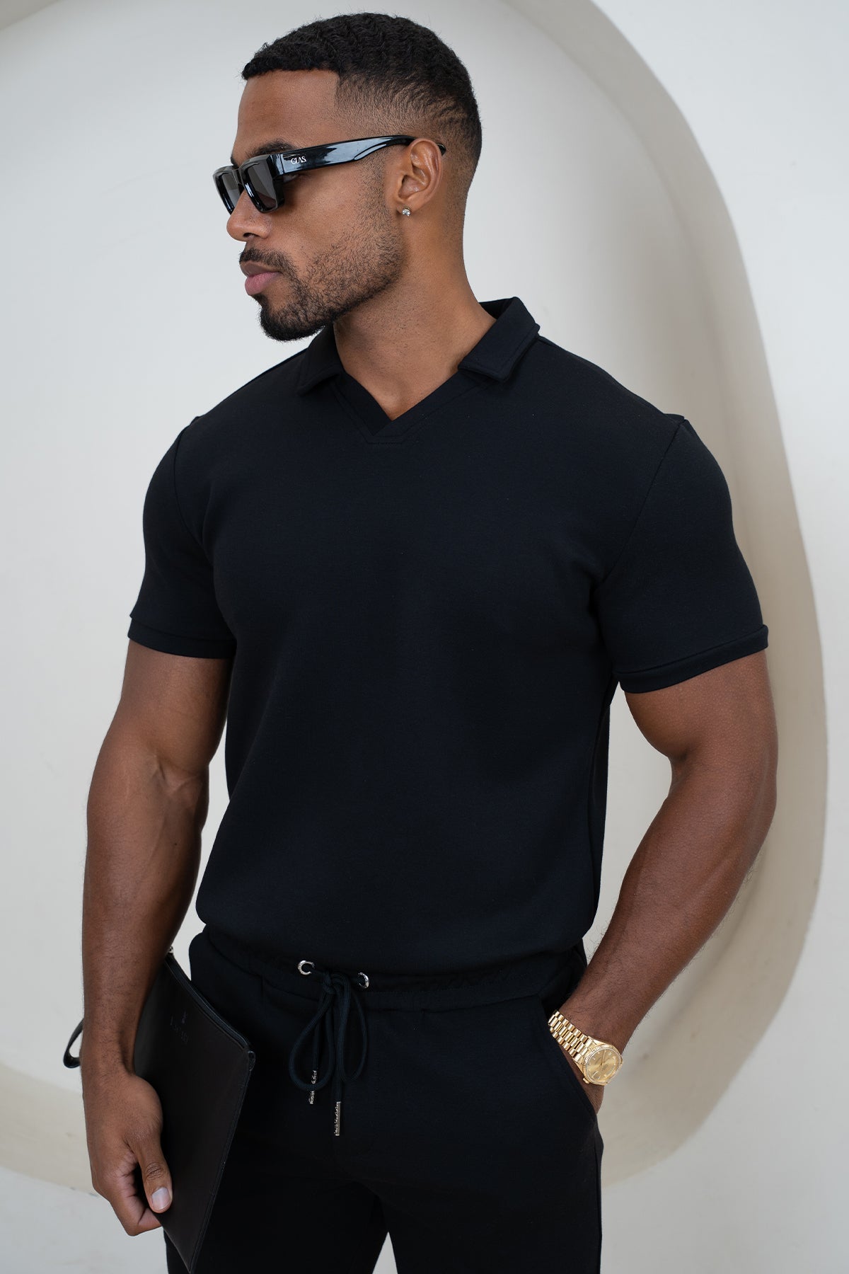 Brushed Scuba Open Neck Polo - Black