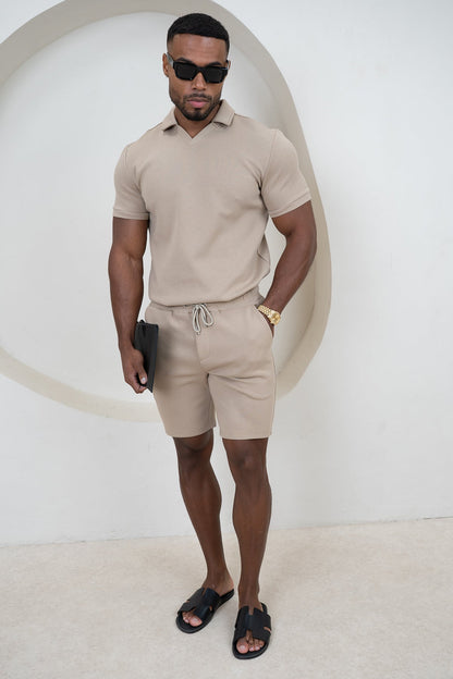 Brushed Scuba Open Neck Polo - Taupe