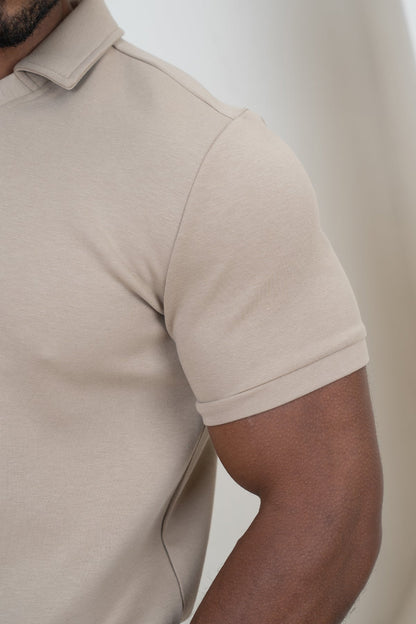 Brushed Scuba Open Neck Polo - Taupe