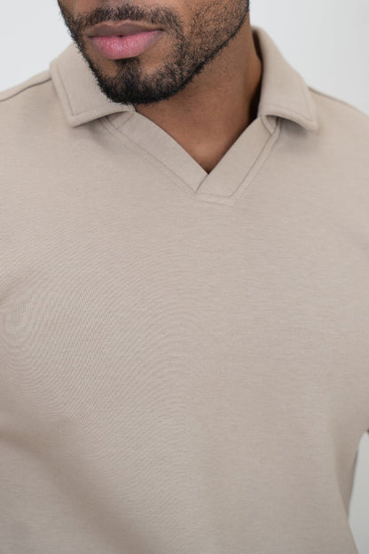 Brushed Scuba Open Neck Polo - Taupe