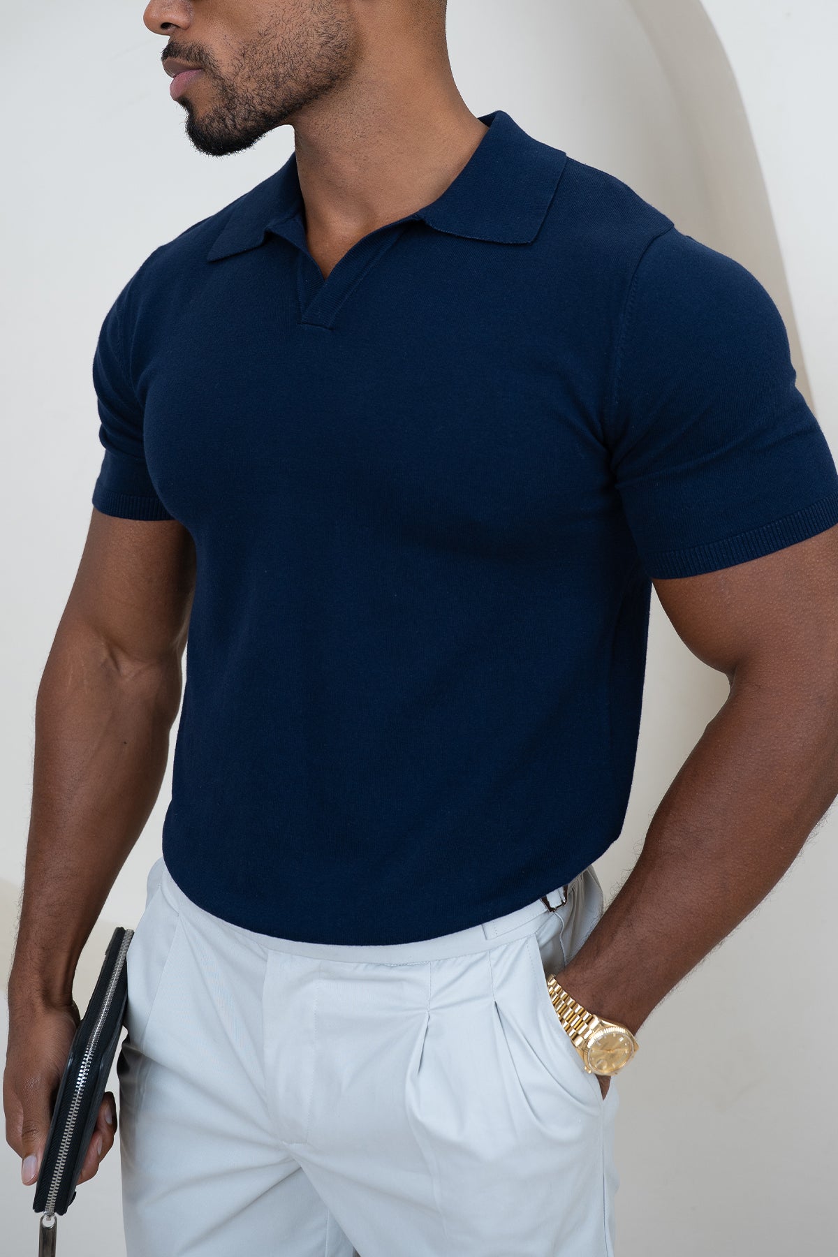Slim Fit Knitted Open Neck Polo - Navy