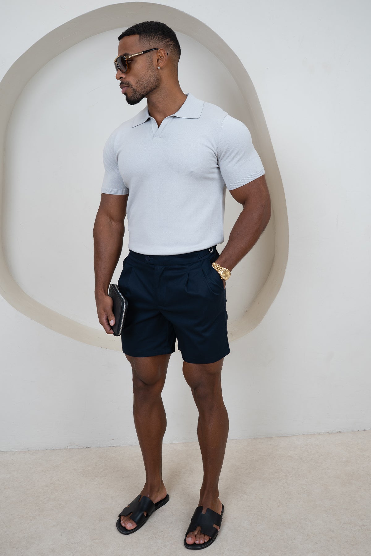 Slim Fit Knitted Open Neck Polo - Grey