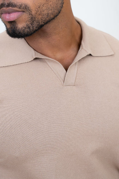 Slim Fit Knitted Open Neck Polo - Taupe
