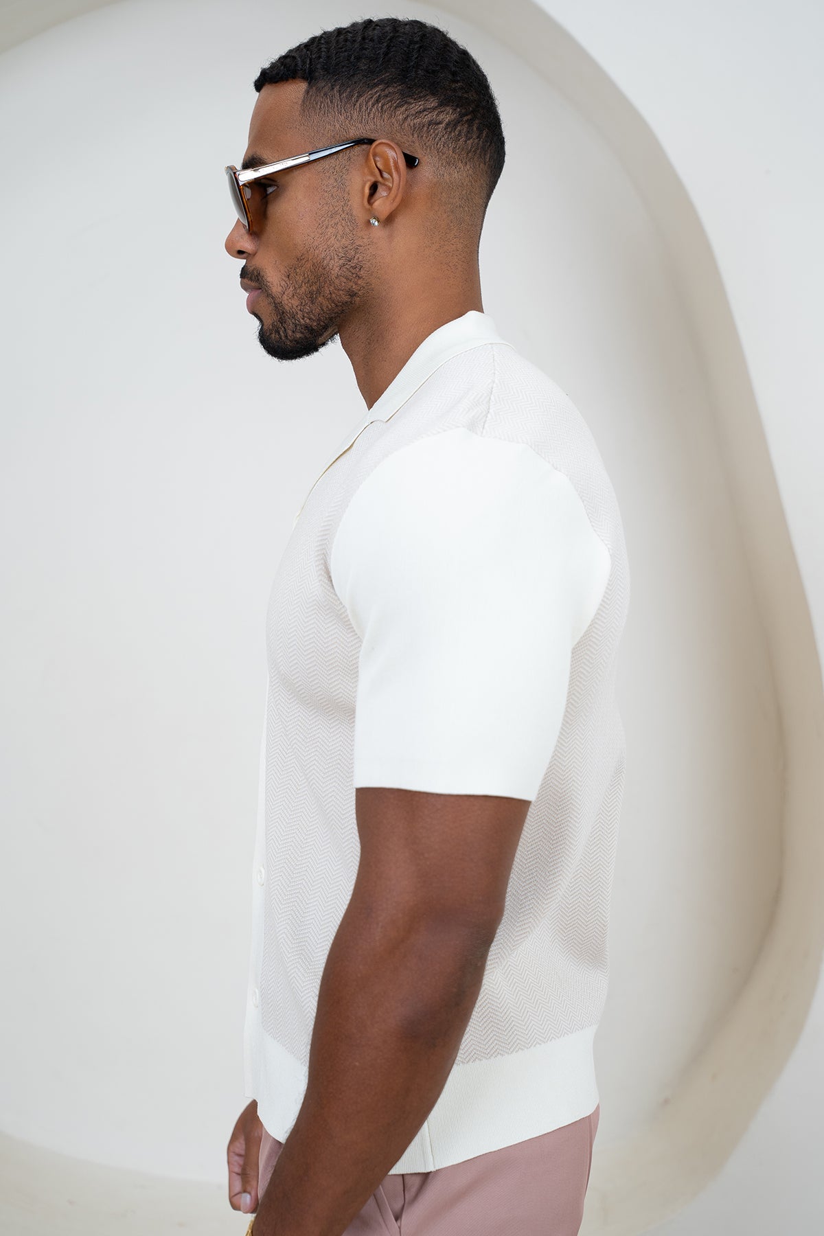 Herringbone Premium Knit Shirt - Grey/White