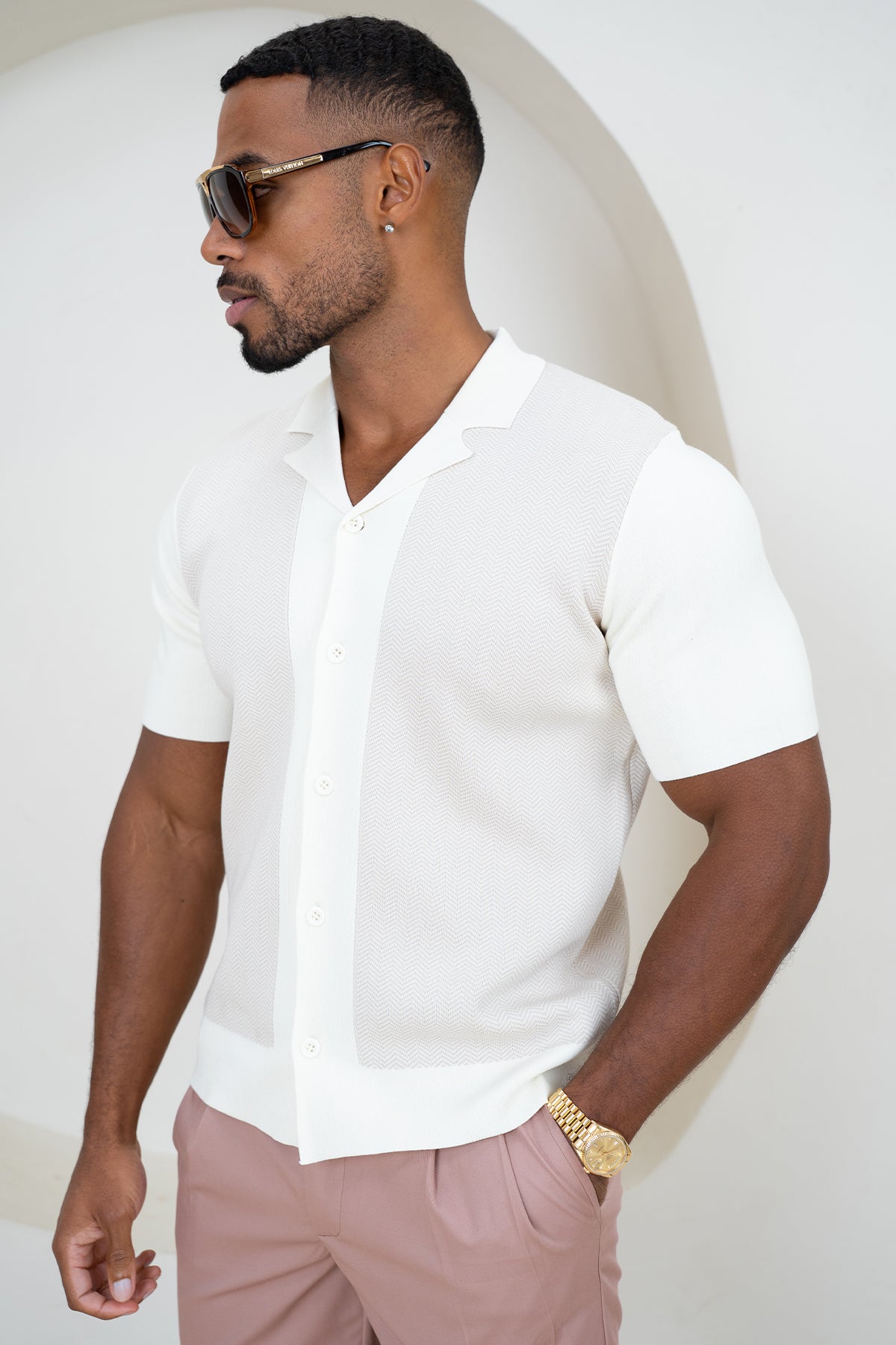 Herringbone Premium Knit Shirt - Stone/White