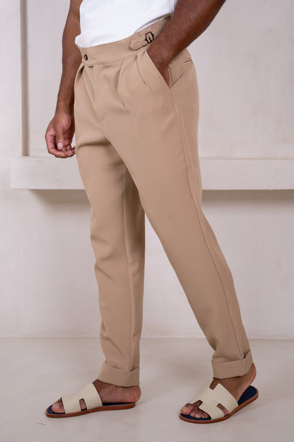 Buckle and Pleat Tailored Trouser - Stone