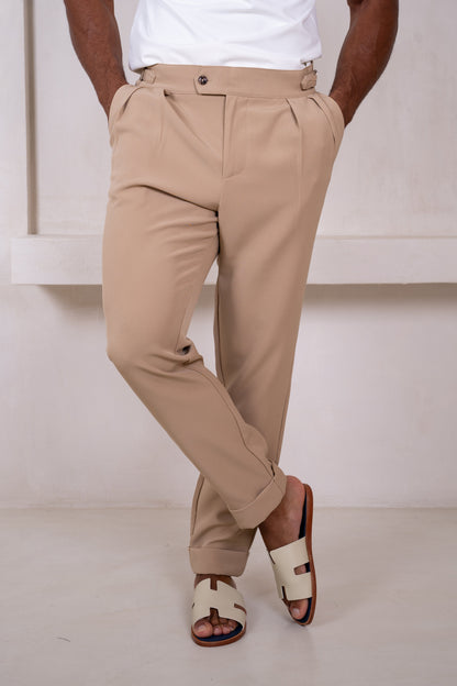 Buckle and Pleat Tailored Trouser - Stone