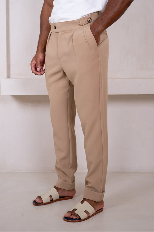 Buckle and Pleat Tailored Trouser - Stone