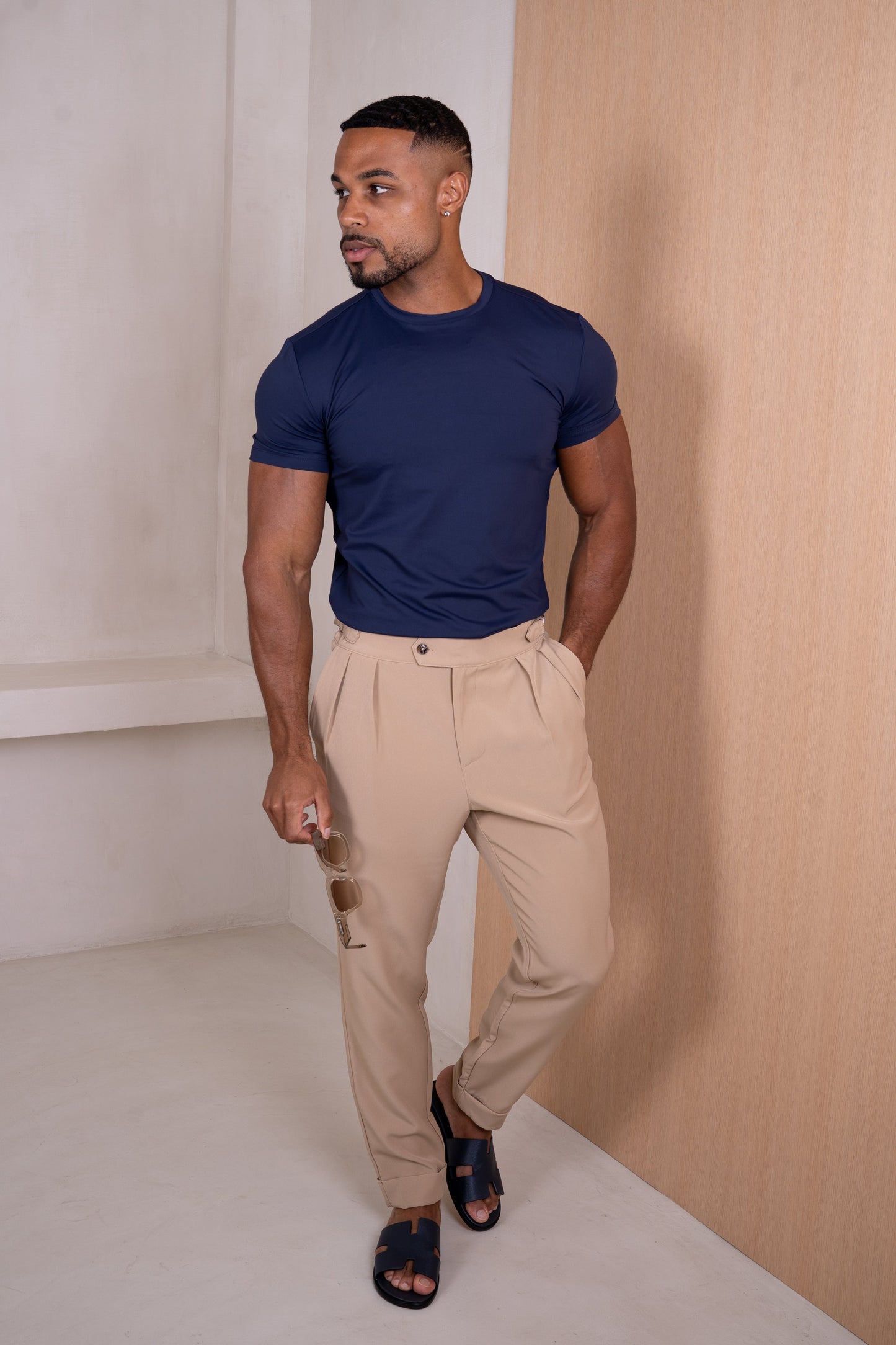 Buckle and Pleat Tailored Trouser - Stone