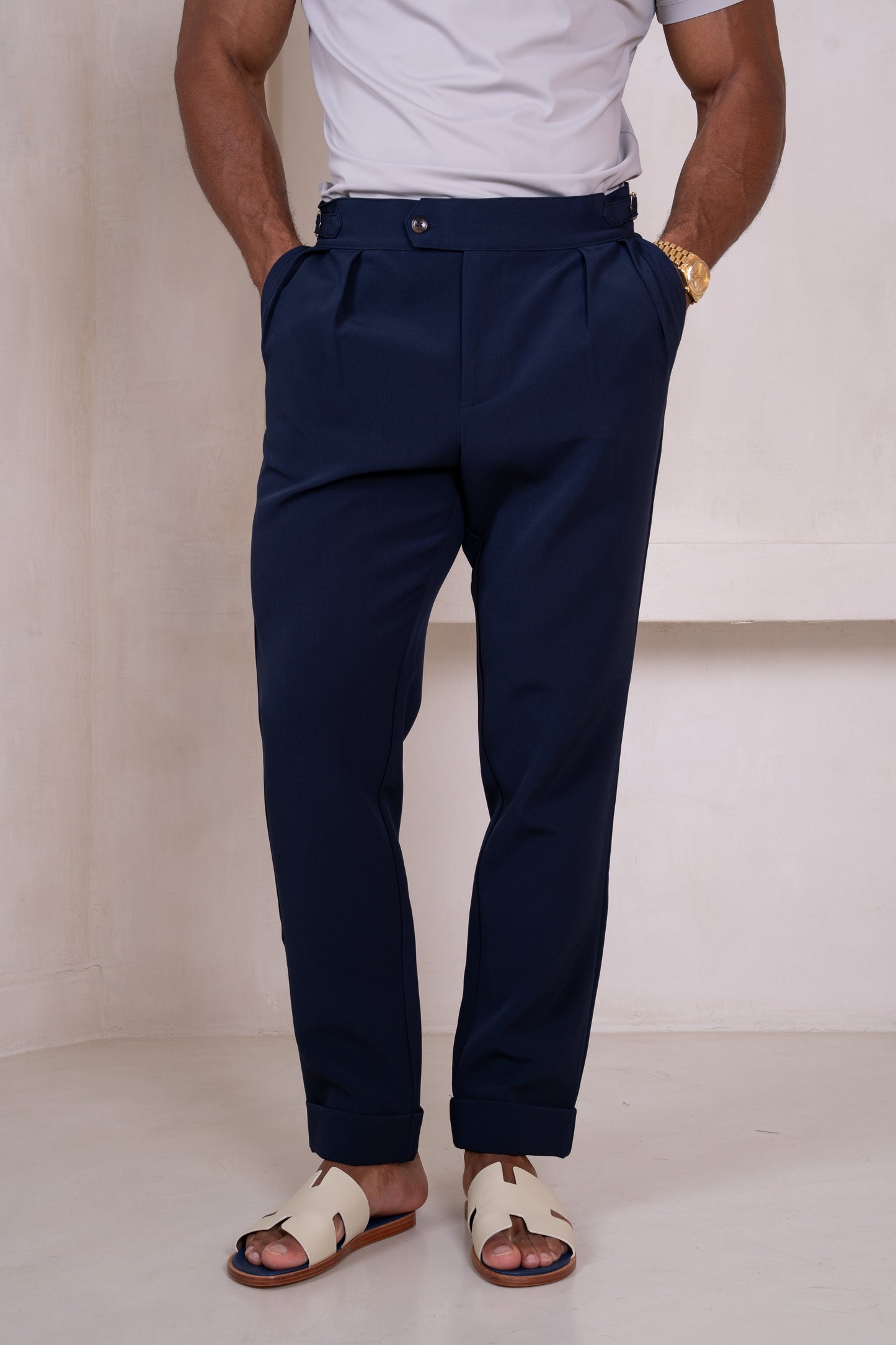 Buckle and Pleat Tailored Trouser - Navy