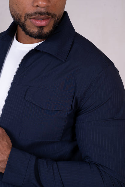 Pinstripe Cargo Utility Overshirt - Navy
