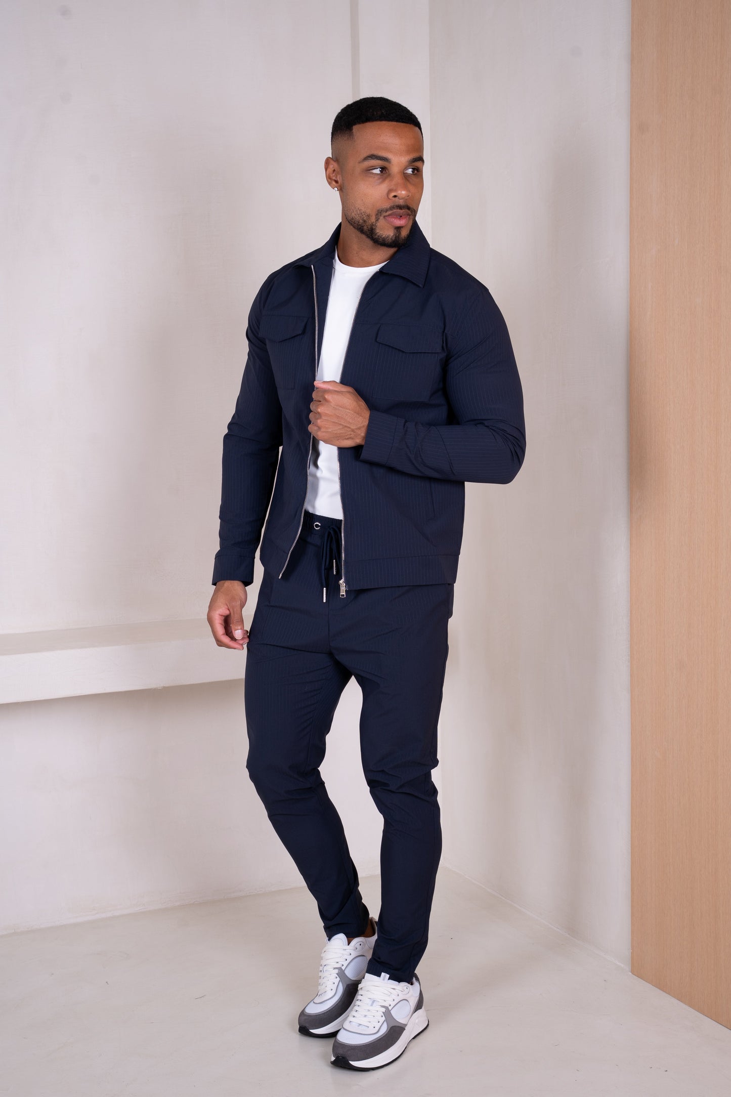 Pinstripe Cargo Utility Overshirt - Navy