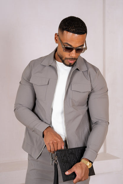 Pinstripe Cargo Utility Overshirt - Grey