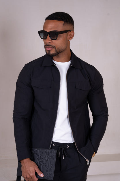 Pinstripe Cargo Utility Overshirt - Black