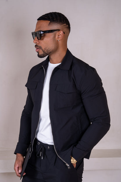 Pinstripe Cargo Utility Overshirt - Black