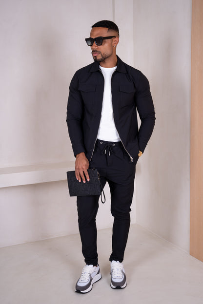Pinstripe Cargo Utility Overshirt - Black