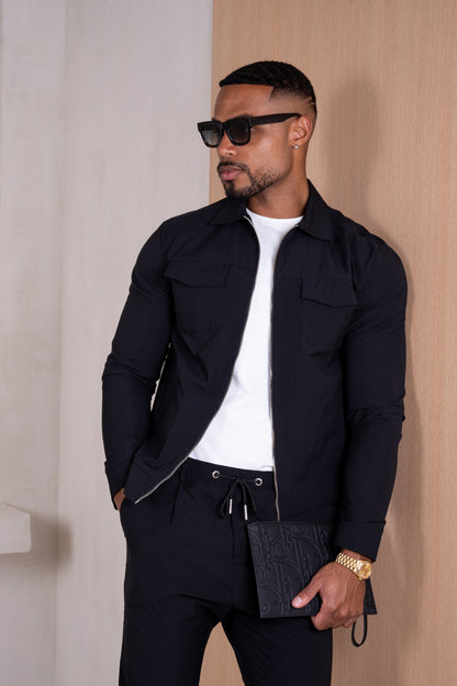 Pinstripe Cargo Utility Overshirt - Black
