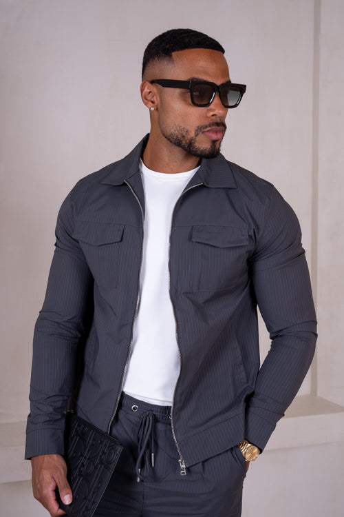 Pinstripe Cargo Utility Overshirt - Charcoal