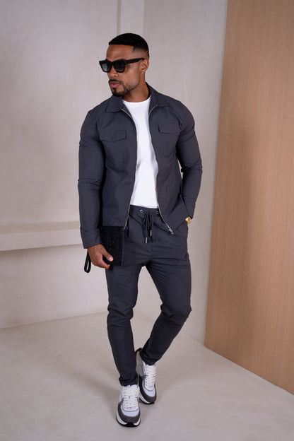 Pinstripe Cargo Utility Overshirt - Charcoal