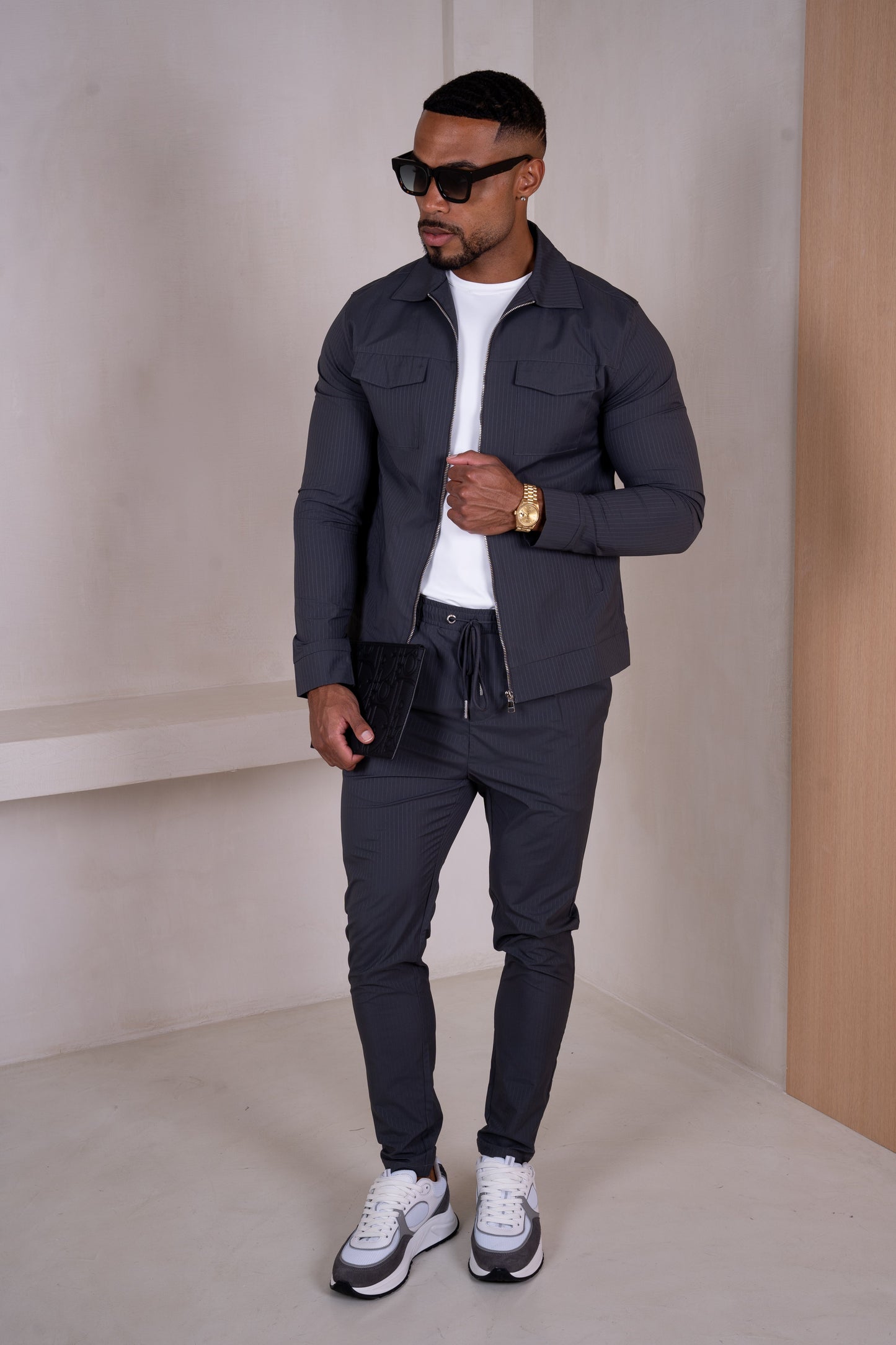 Pinstripe Cargo Utility Overshirt - Charcoal