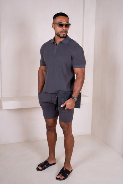 Premium Ribbed Knitted Polo Shirt - Charcoal