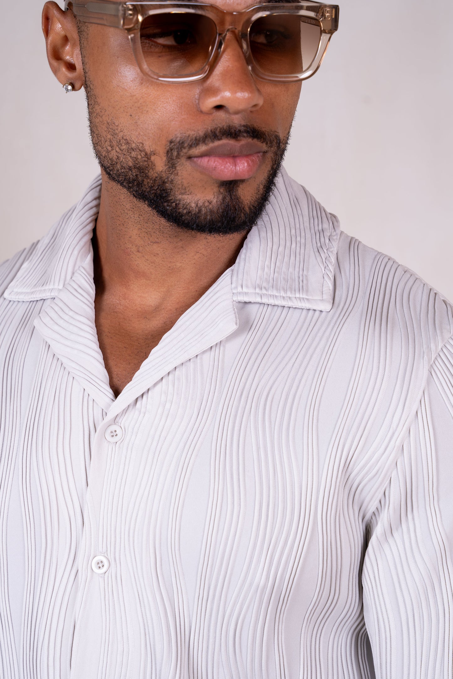 Ripple Texture Slim Fit Button Through Shirt - Light Grey