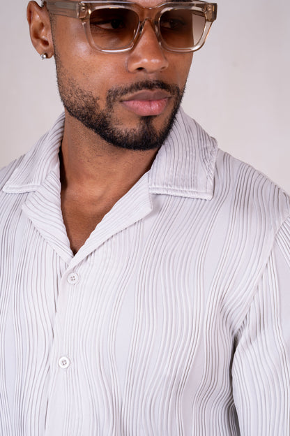 Ripple Texture Slim Fit Button Through Shirt - Light Grey