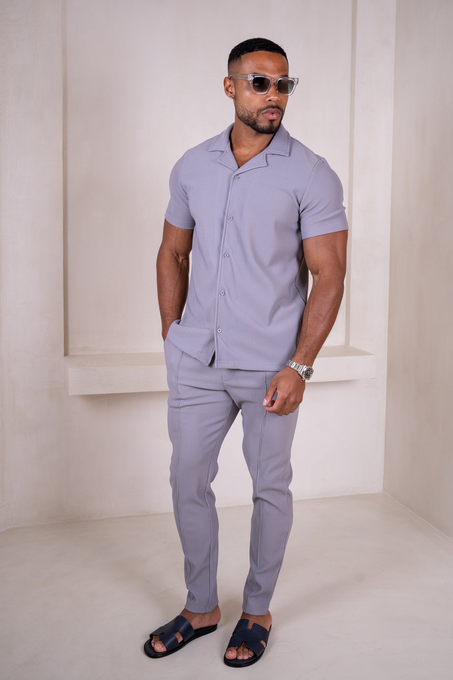 Pleated Slim Fit Shirt - Grey