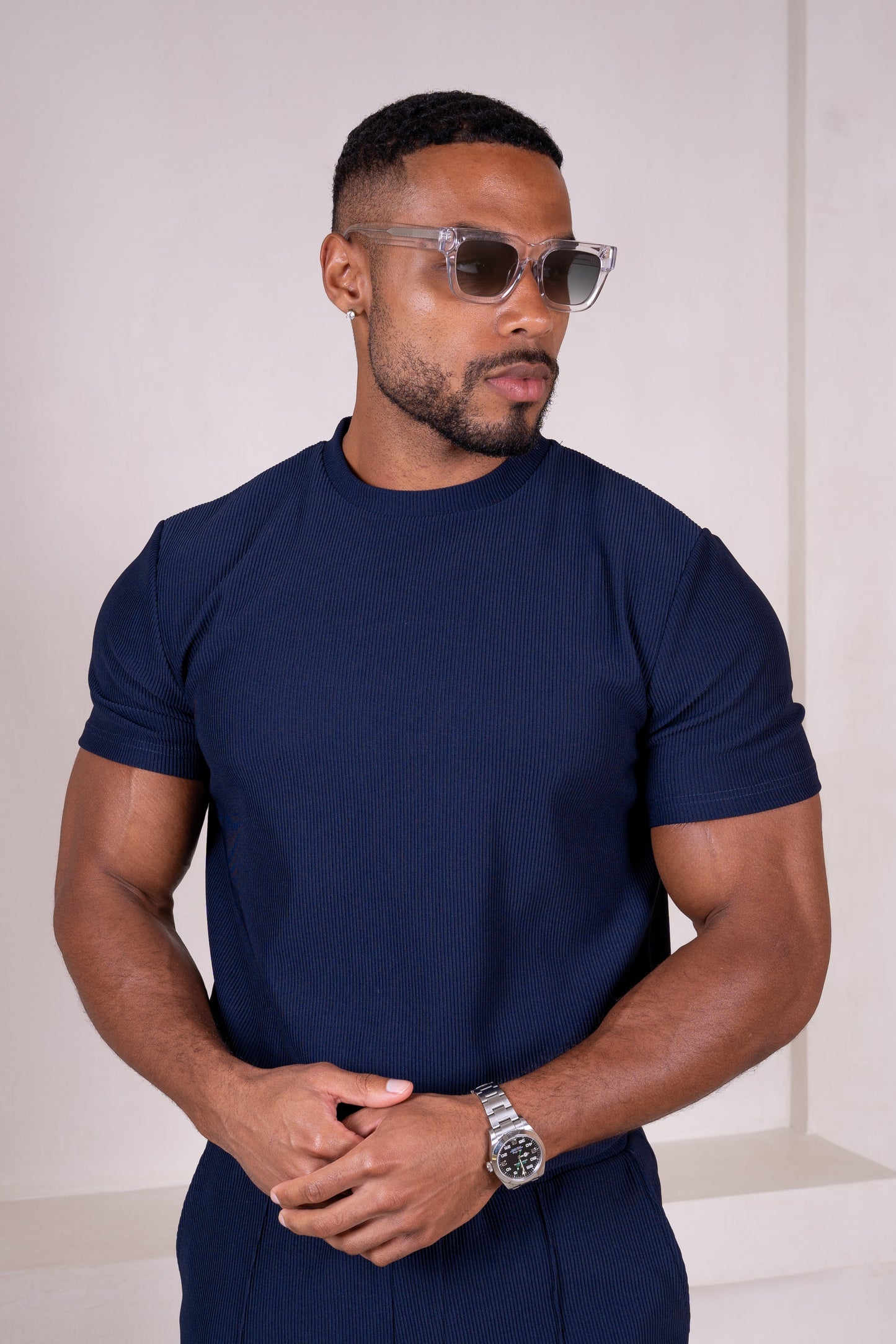 Pleated Slim Fit T-Shirt - Navy