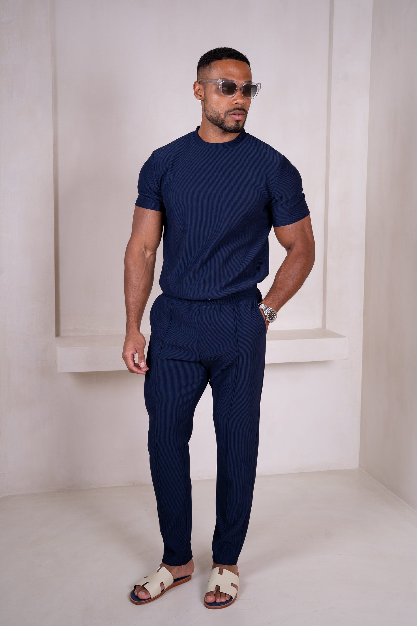 Pleated Slim Fit T-Shirt - Navy
