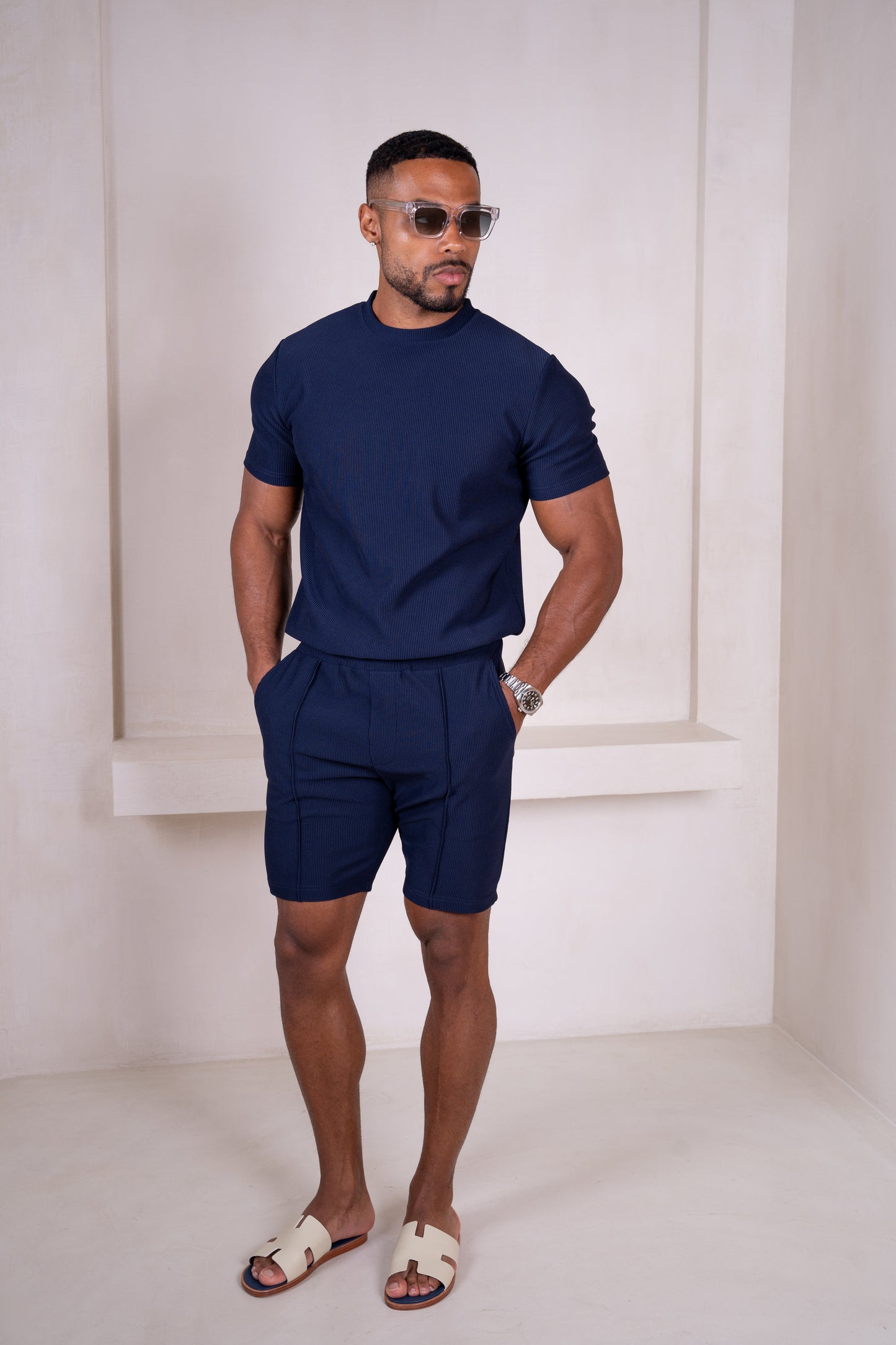 Pleated Slim Fit Shorts - Navy