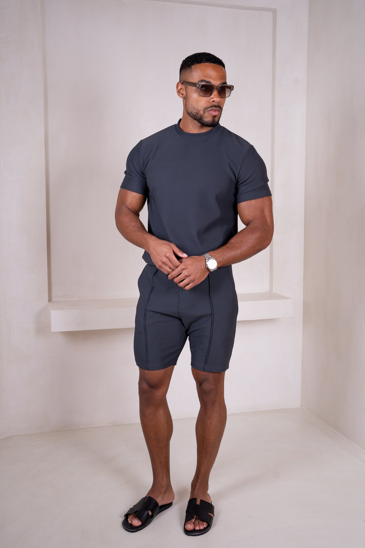 Pleated Slim Fit Shorts - Charcoal