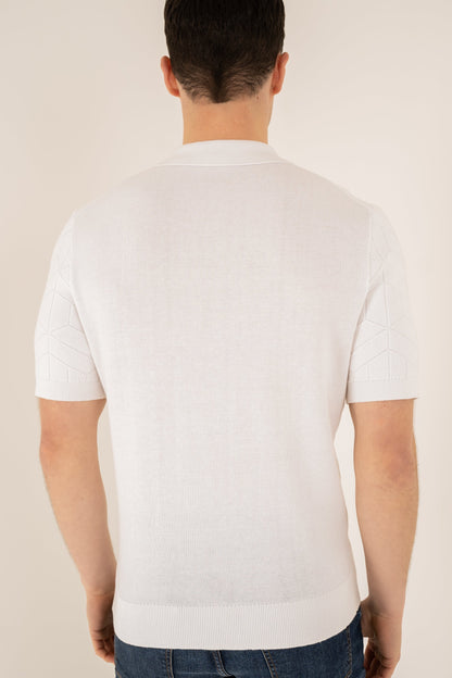 Geometric Knitted Quarter Zip Polo Shirt - White