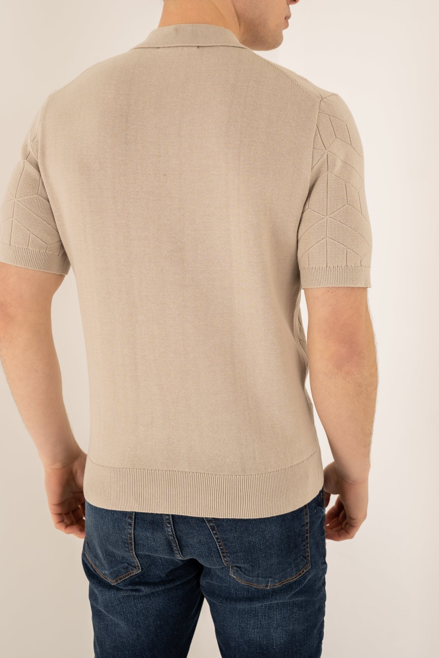 Geometric Knitted Quarter Zip Polo Shirt - Stone