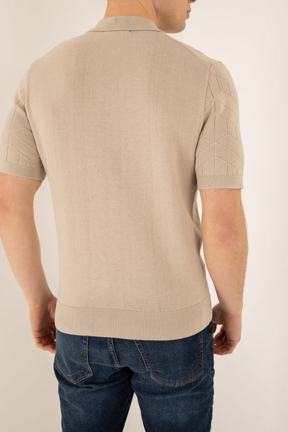 Geometric Knitted Quarter Zip Polo Shirt - Stone
