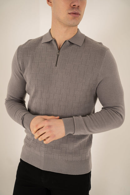 Geometric Long Sleeve Polo - Light Grey