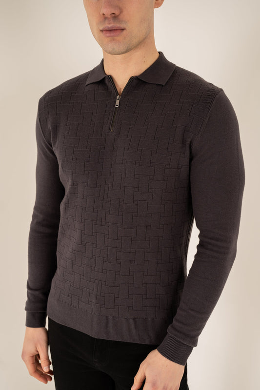 Geometric Long Sleeve Polo - Charcoal