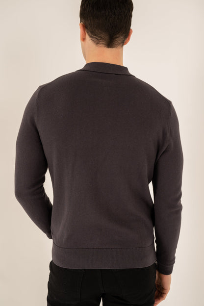 Geometric Long Sleeve Polo - Charcoal