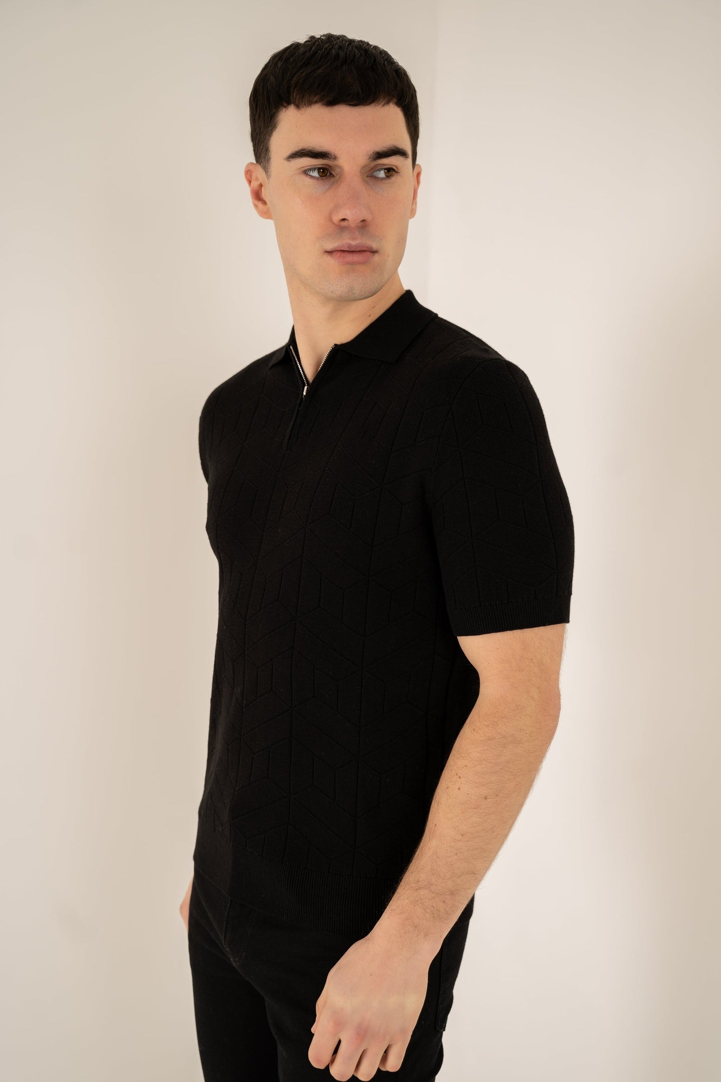 Geometric Knitted Quarter Zip Polo Shirt - Black