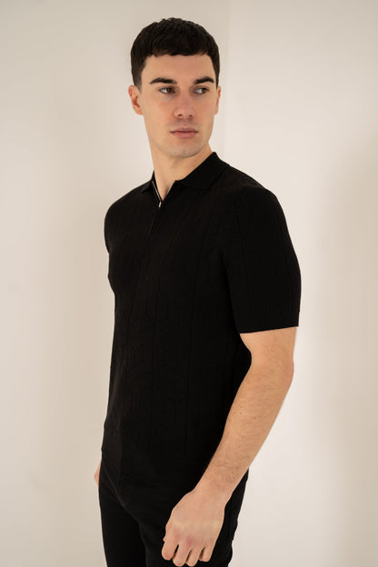 Geometric Knitted Quarter Zip Polo Shirt - Black