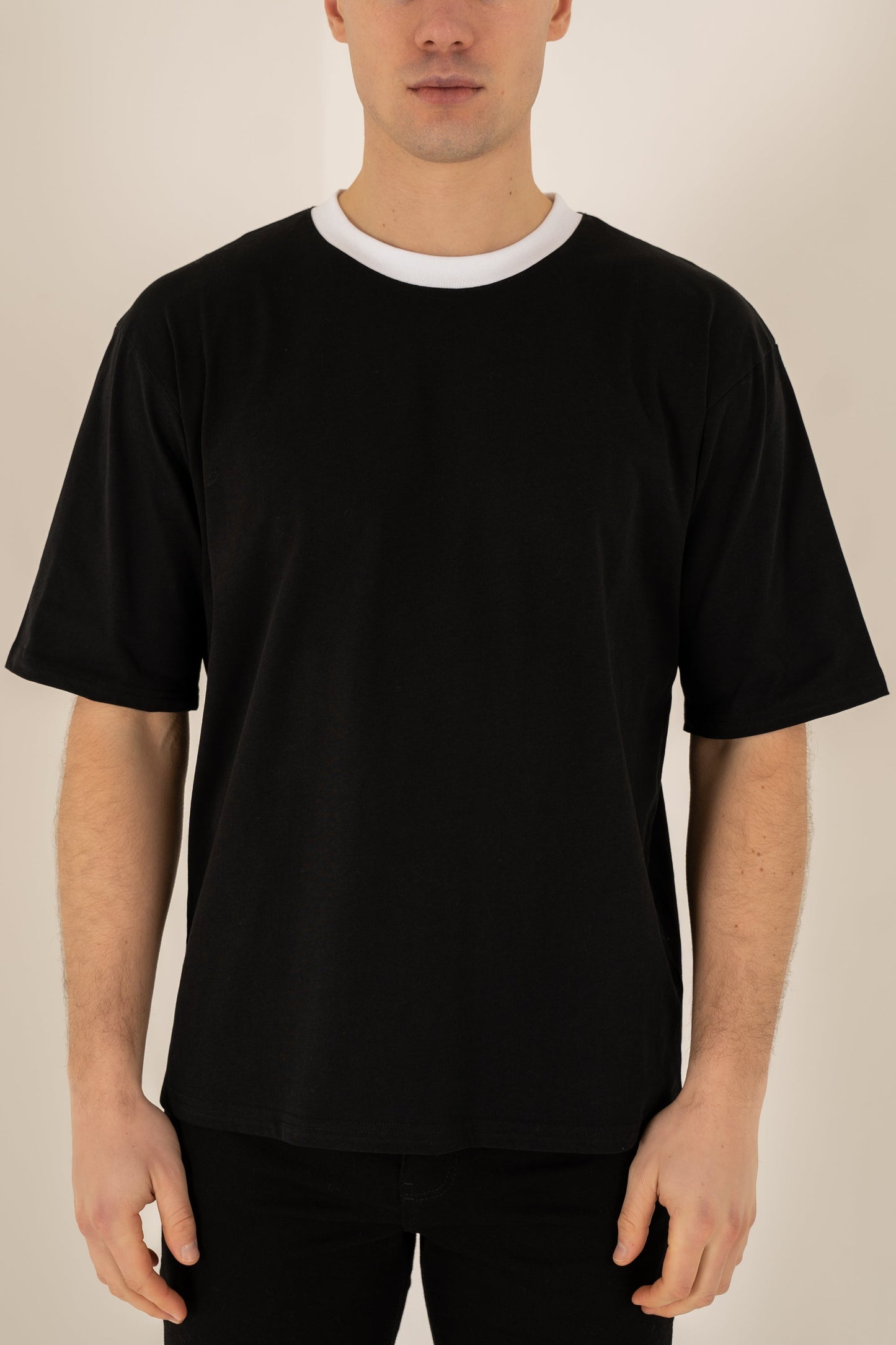Relaxed Fit Contrast Neck T-Shirt - Black